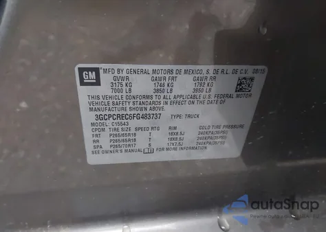 2015 Chevrolet Silverado 1500 1Lt z USA, uszkodzony, nr VIN 3GCPCREC6FG483737